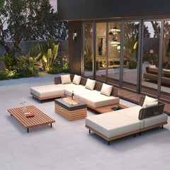 Modern Outdoor Teak Wood Fire Pit Coffee Table Set for 6 Main Product Image
