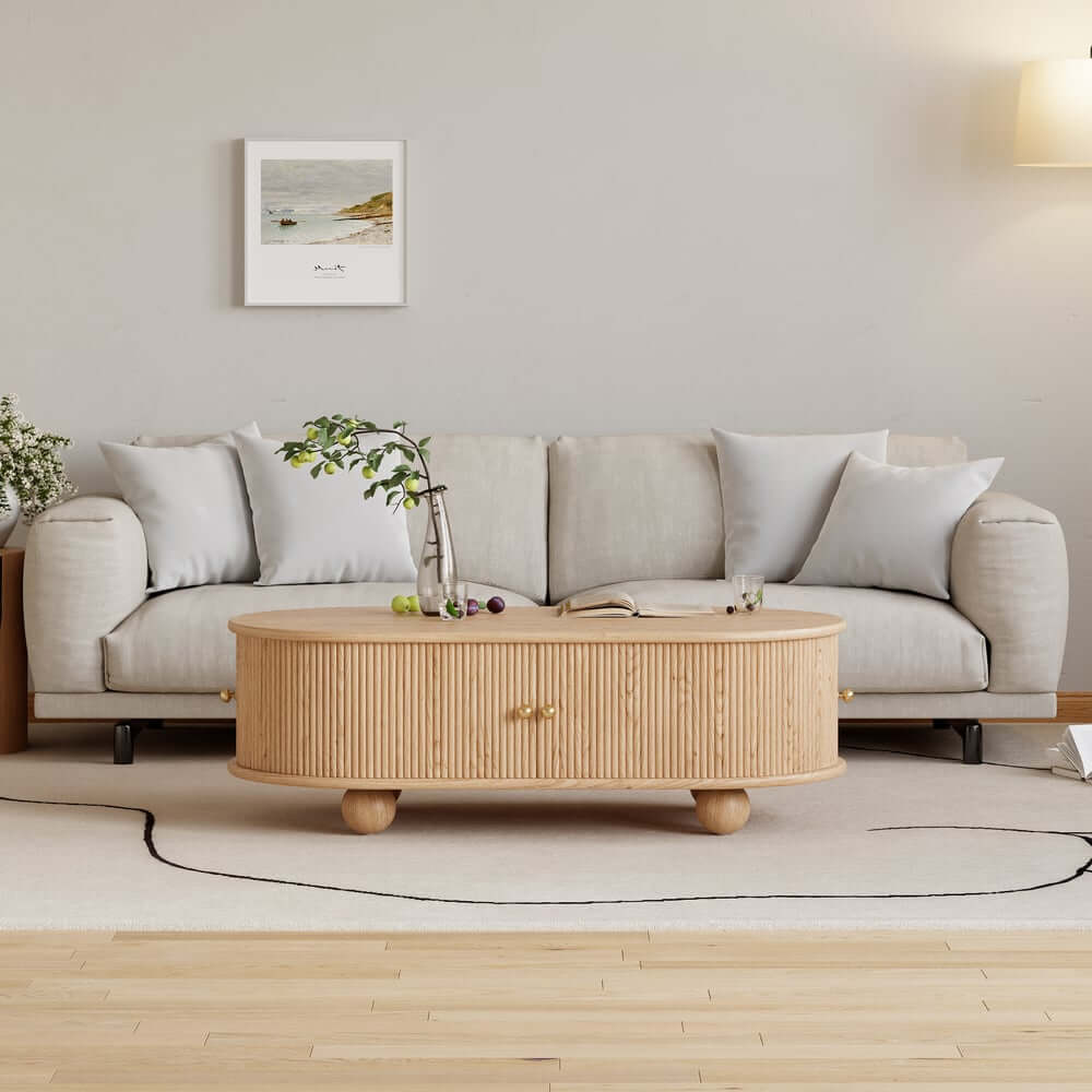 Modern Oval Ash Wood Coffee Table With Sliding Doors