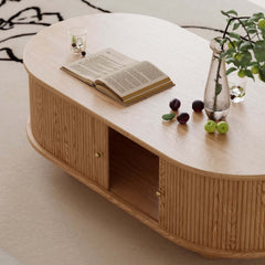 Modern Oval Ash Wood Coffee Table With Sliding Doors