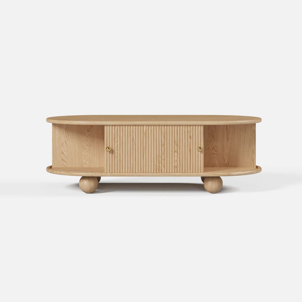 Modern Oval Ash Wood Coffee Table With Sliding Doors