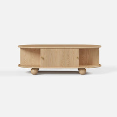 Modern Oval Ash Wood Coffee Table With Sliding Doors
