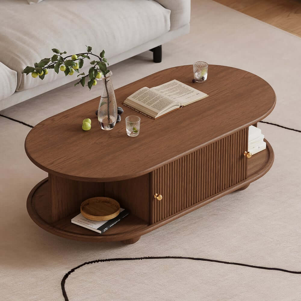 Modern Oval Ash Wood Coffee Table With Sliding Doors