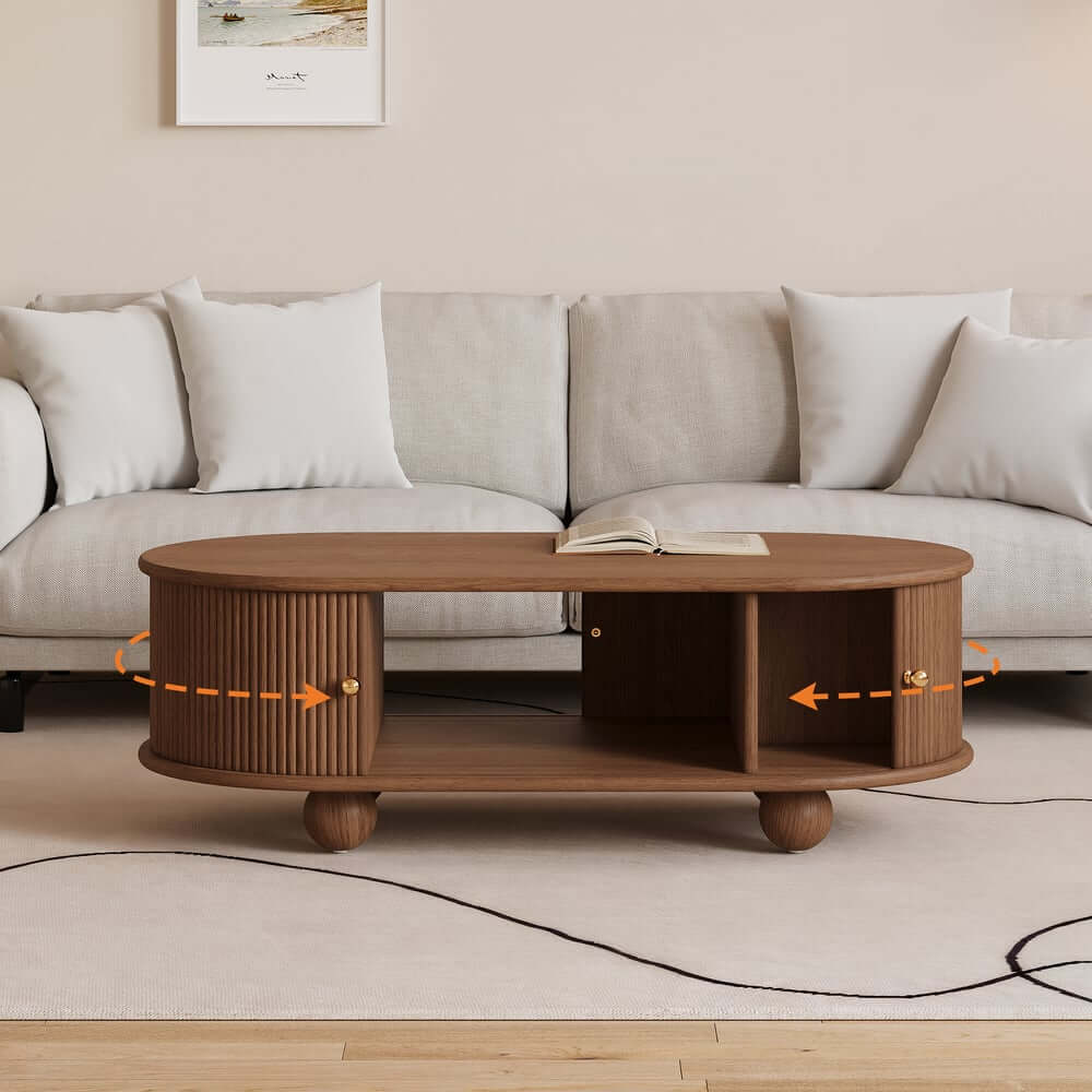 Modern Oval Ash Wood Coffee Table With Sliding Doors