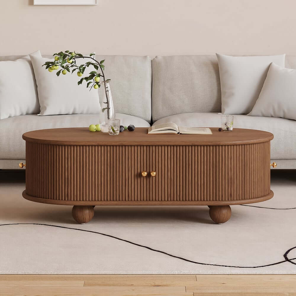 Modern Oval Ash Wood Coffee Table With Sliding Doors