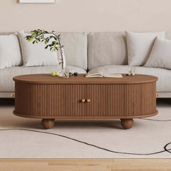 Modern Oval Ash Wood Coffee Table With Sliding Doors