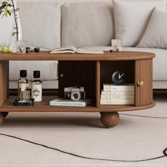 Modern Oval Ash Wood Coffee Table With Sliding Doors