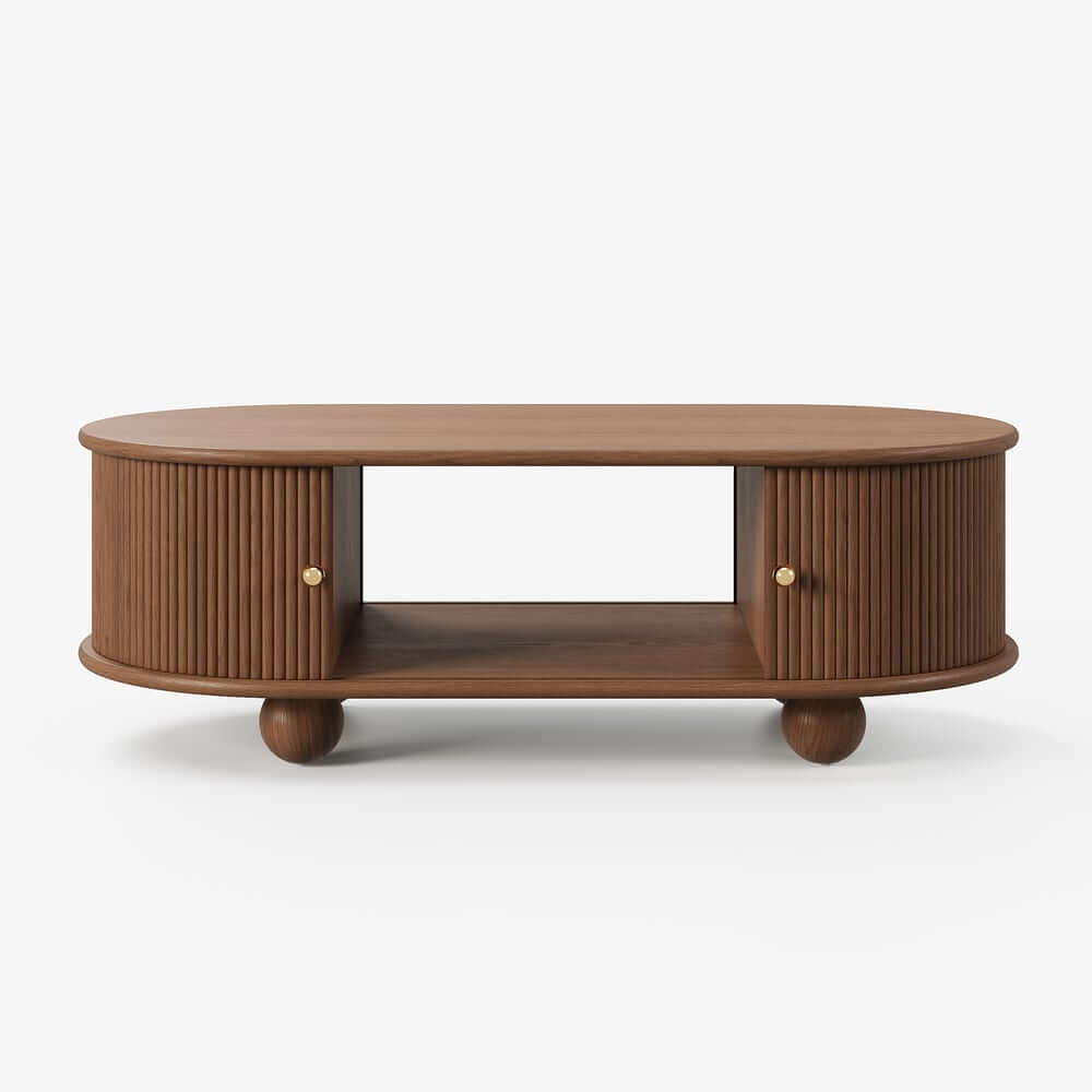 Modern Oval Ash Wood Coffee Table With Sliding Doors