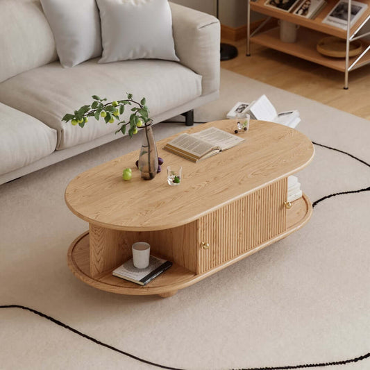 Modern Oval Ash Wood Coffee Table With Sliding Doors