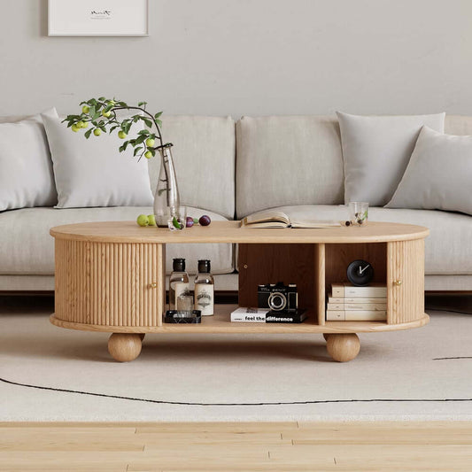 Modern Oval Ash Wood Coffee Table With Sliding Doors