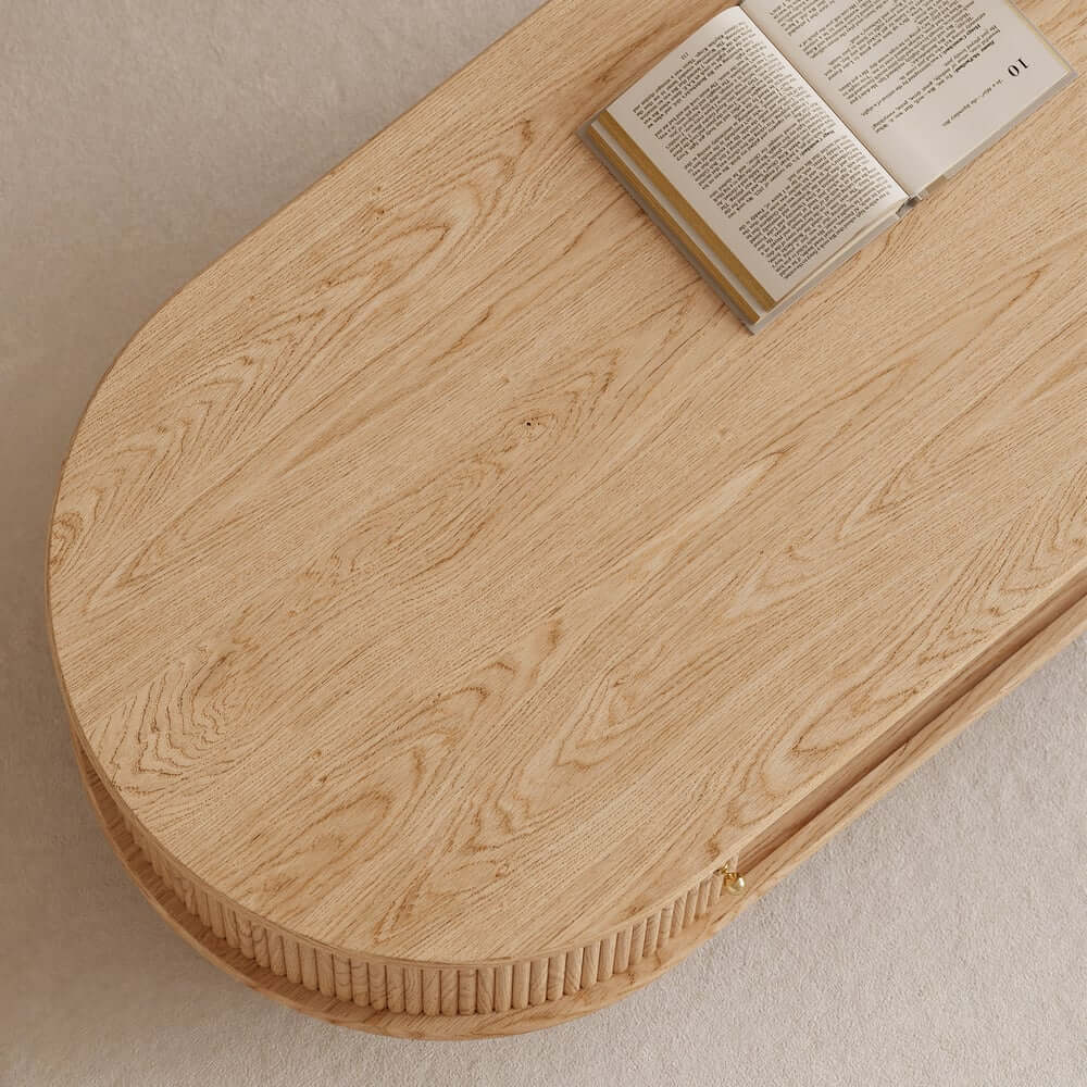 Modern Oval Ash Wood Coffee Table With Sliding Doors