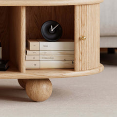 Modern Oval Ash Wood Coffee Table With Sliding Doors