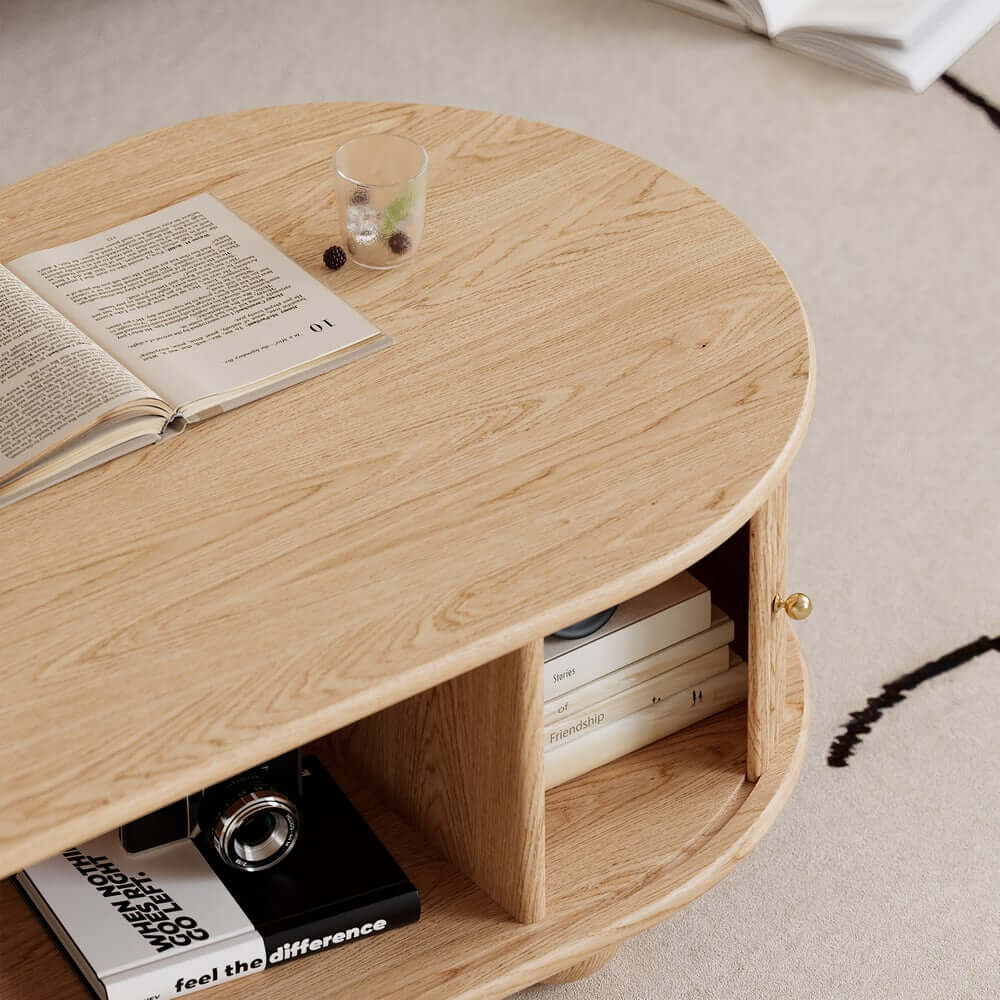 Modern Oval Ash Wood Coffee Table With Sliding Doors