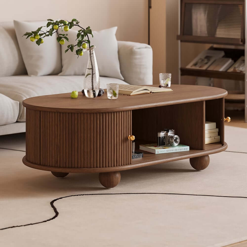Modern Oval Ash Wood Coffee Table With Sliding Doors