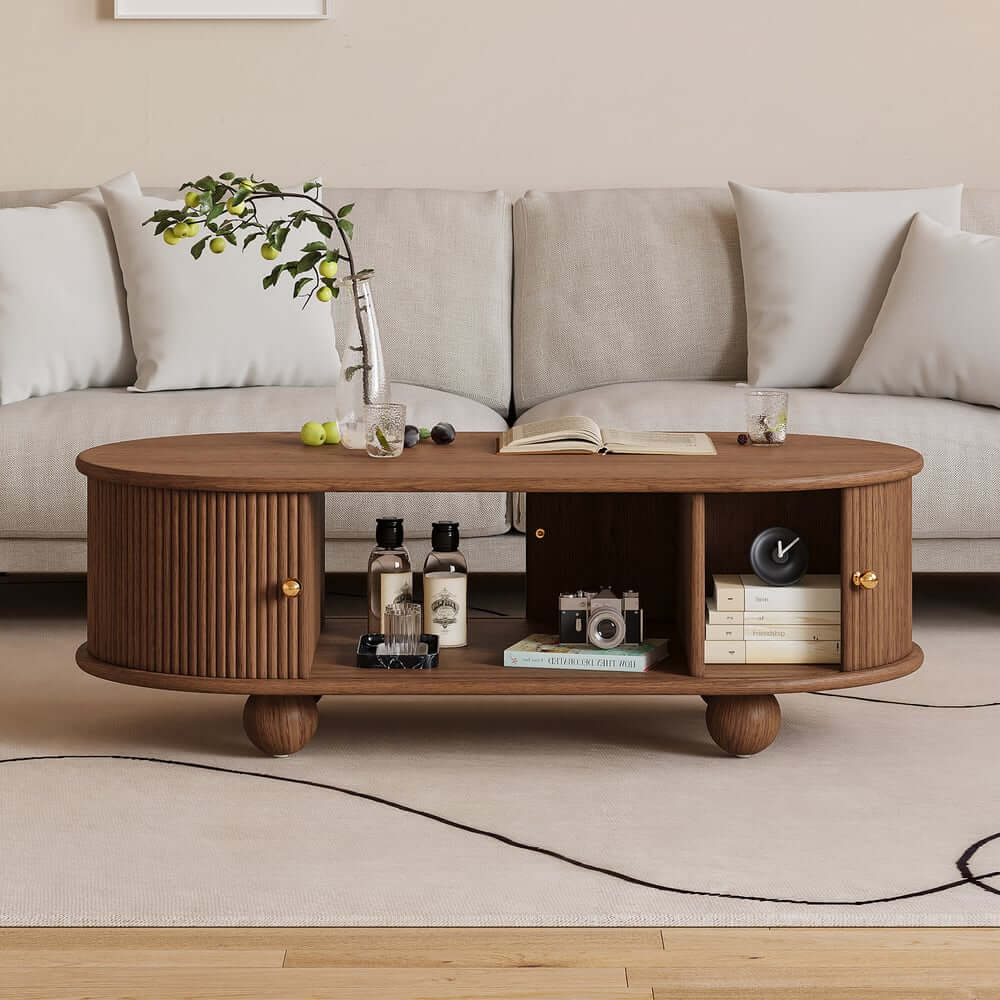 Modern Oval Ash Wood Coffee Table With Sliding Doors