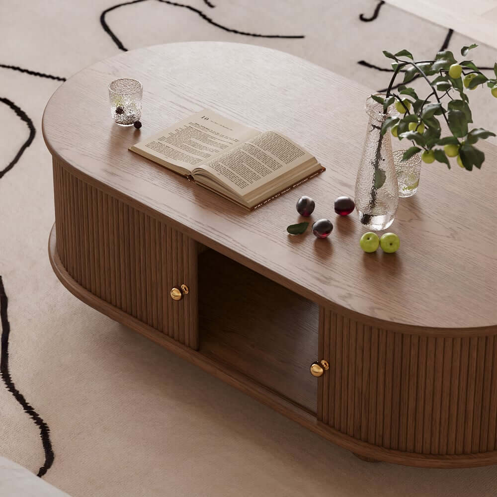 Modern Oval Ash Wood Coffee Table With Sliding Doors
