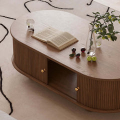 Modern Oval Ash Wood Coffee Table With Sliding Doors