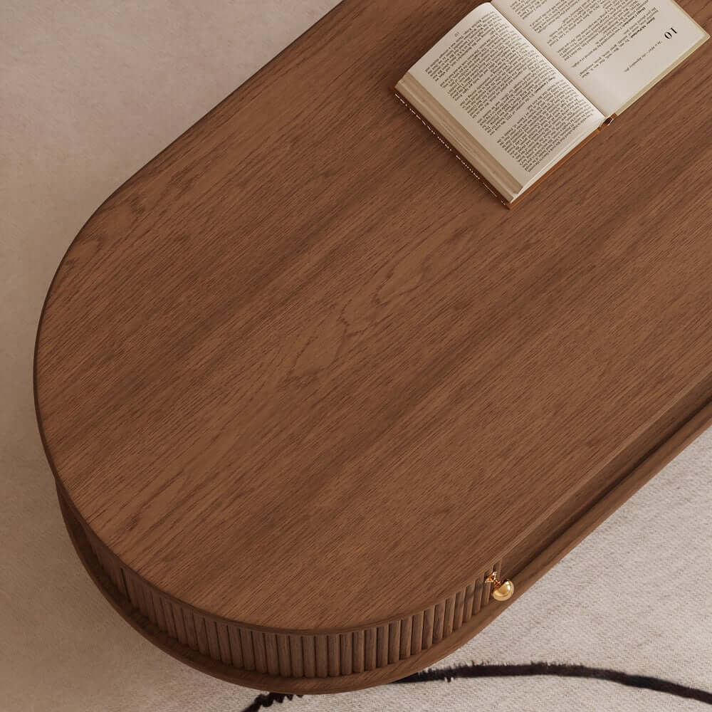 Modern Oval Ash Wood Coffee Table With Sliding Doors