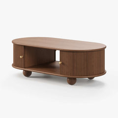 Modern Oval Ash Wood Coffee Table With Sliding Doors