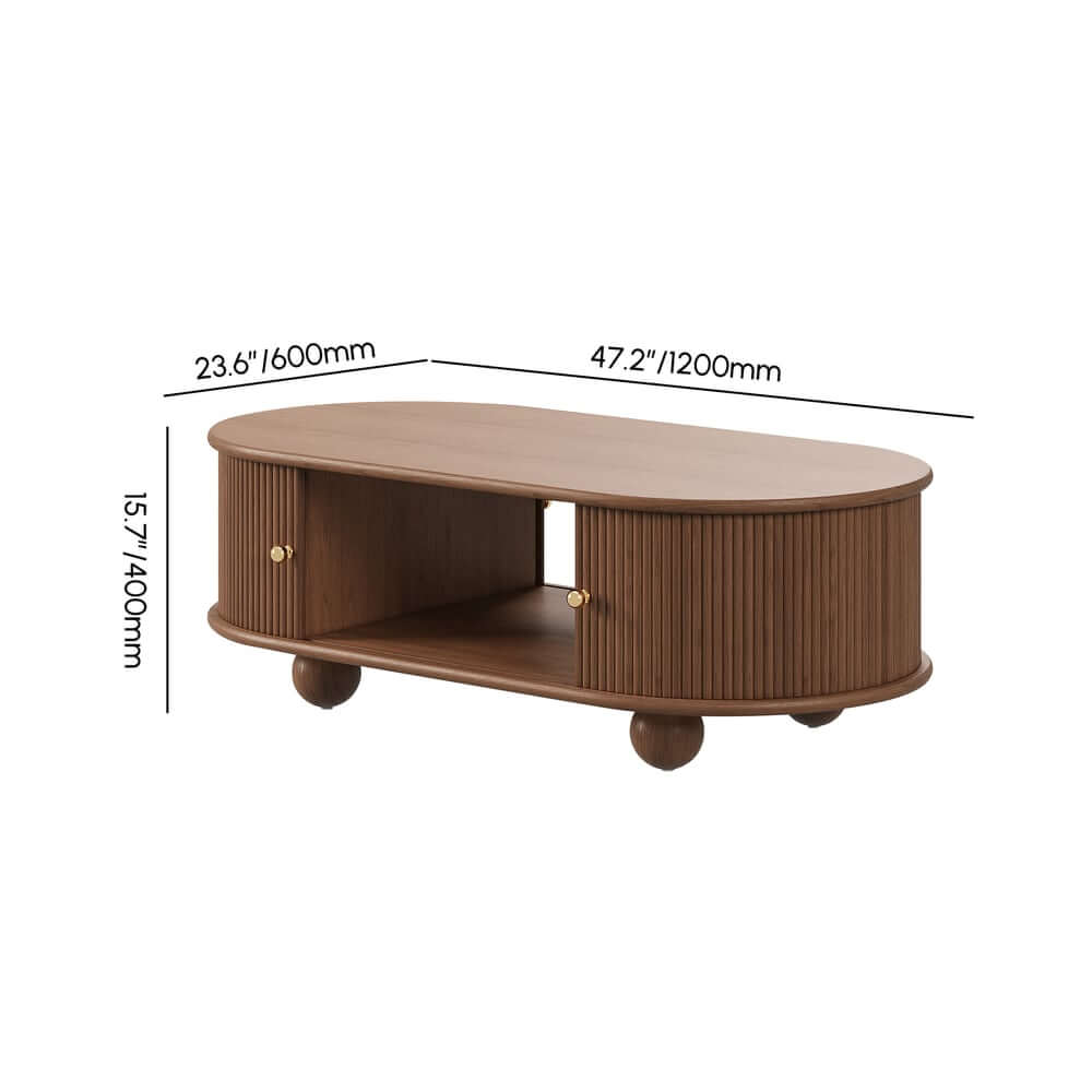 Modern Oval Ash Wood Coffee Table With Sliding Doors Dimensions