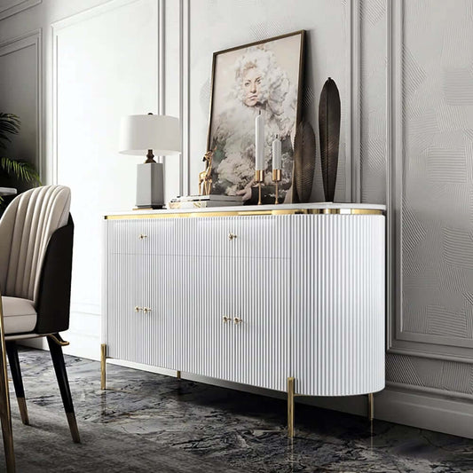 Modern Pine Wood Sideboard With Faux Marble Top & 4 Doors