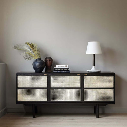 Modern Pine Wood Sideboard With Rattan Doors, Black Top
