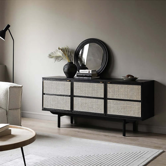 Modern Pine Wood Sideboard With Rattan Doors, Black Top Main Product Image