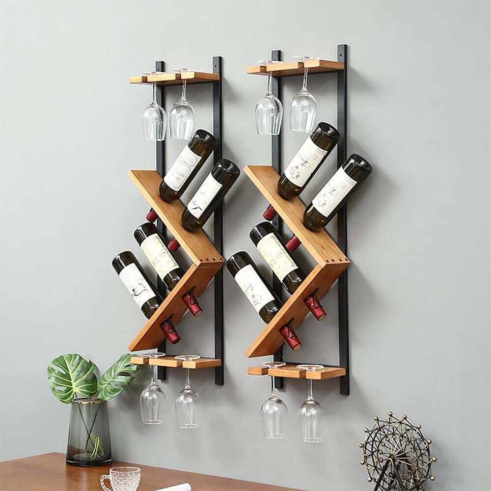 Modern Pine Wood Wine Rack With Glass Storage