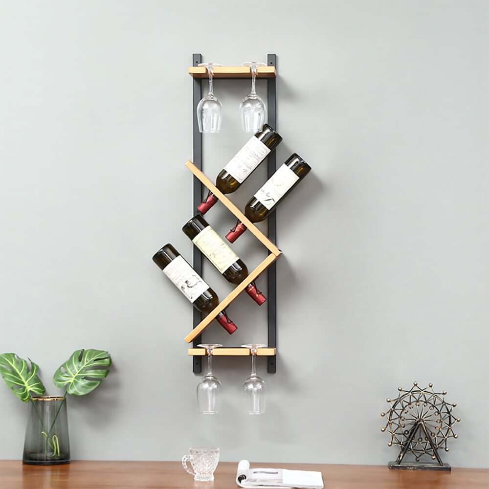 Modern Pine Wood Wine Rack With Glass Storage