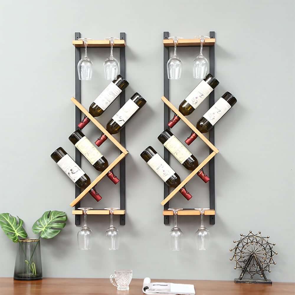 Modern Pine Wood Wine Rack With Glass Storage