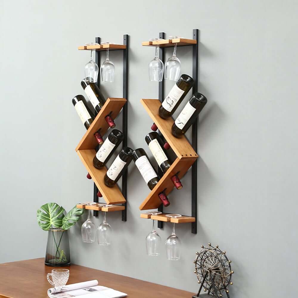 Modern Pine Wood Wine Rack With Glass Storage
