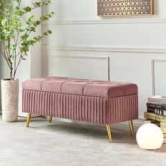Modern Pink Velvet Storage Bench with Gold Metal Legs