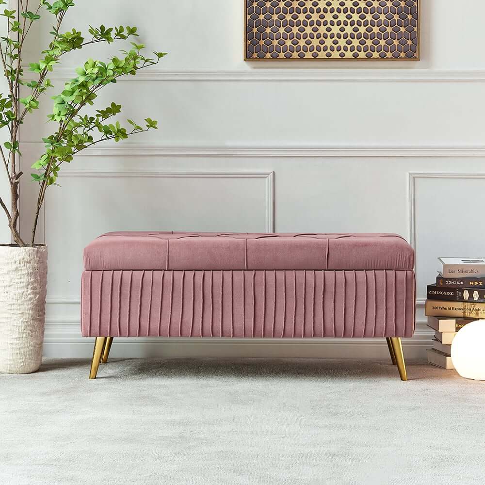 Modern Pink Velvet Storage Bench with Gold Metal Legs