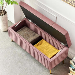 Modern Pink Velvet Storage Bench with Gold Metal Legs