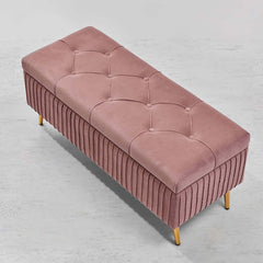 Modern Pink Velvet Storage Bench with Gold Metal Legs