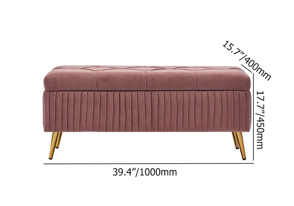 Modern Pink Velvet Storage Bench with Gold Metal Legs Dimensions