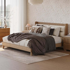 Modern Platform Bed With Boucle Headboard, Walnut Finish