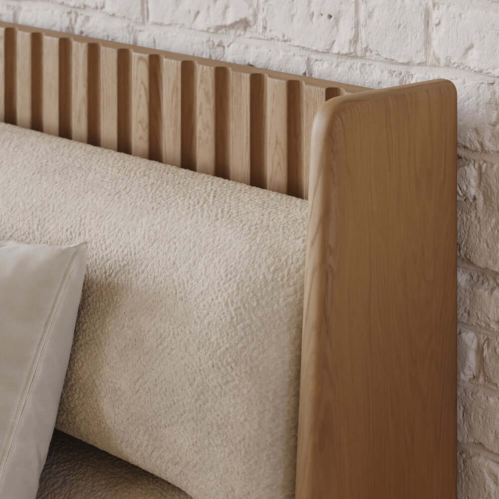 Modern Platform Bed With Boucle Headboard, Walnut Finish