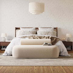 Modern Platform Bed With Boucle Headboard, Walnut Finish