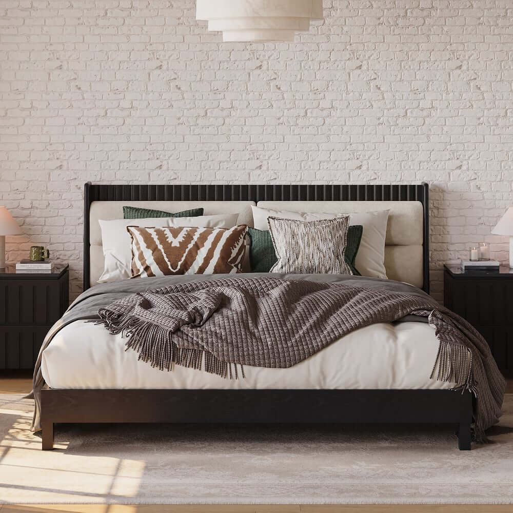 Modern Platform Bed With Boucle Headboard, Walnut Finish
