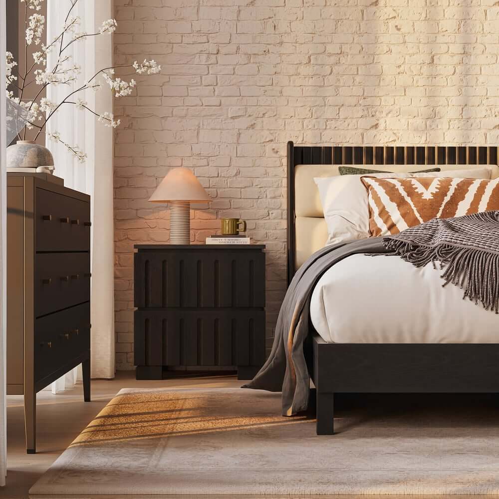 Modern Platform Bed With Boucle Headboard, Walnut Finish