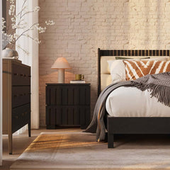 Modern Platform Bed With Boucle Headboard, Walnut Finish