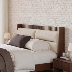 Modern Platform Bed With Boucle Headboard, Walnut Finish