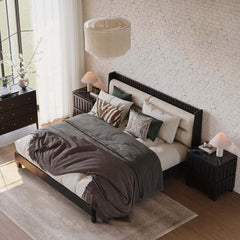 Modern Platform Bed With Boucle Headboard, Walnut Finish