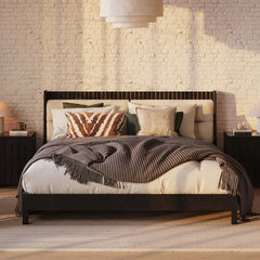 Modern Platform Bed With Boucle Headboard, Walnut Finish