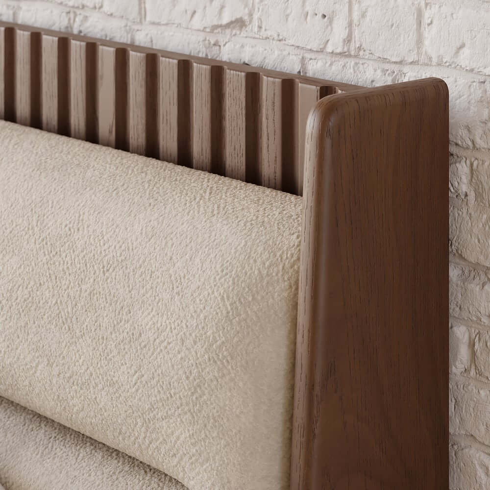 Modern Platform Bed With Boucle Headboard, Walnut Finish