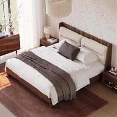 Modern Platform Bed With Boucle Headboard, Walnut Finish