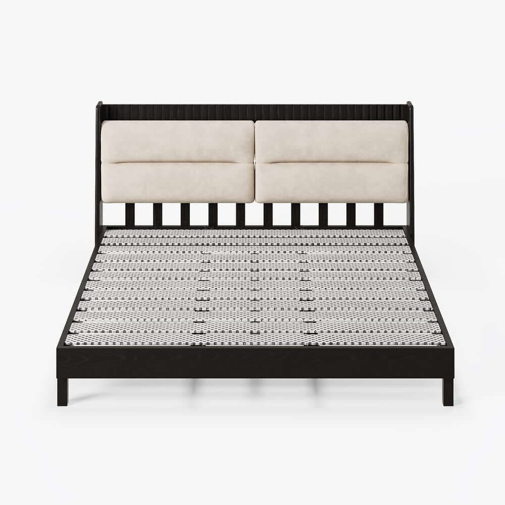 Modern Platform Bed With Boucle Headboard, Walnut Finish