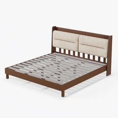 Modern Platform Bed With Boucle Headboard, Walnut Finish