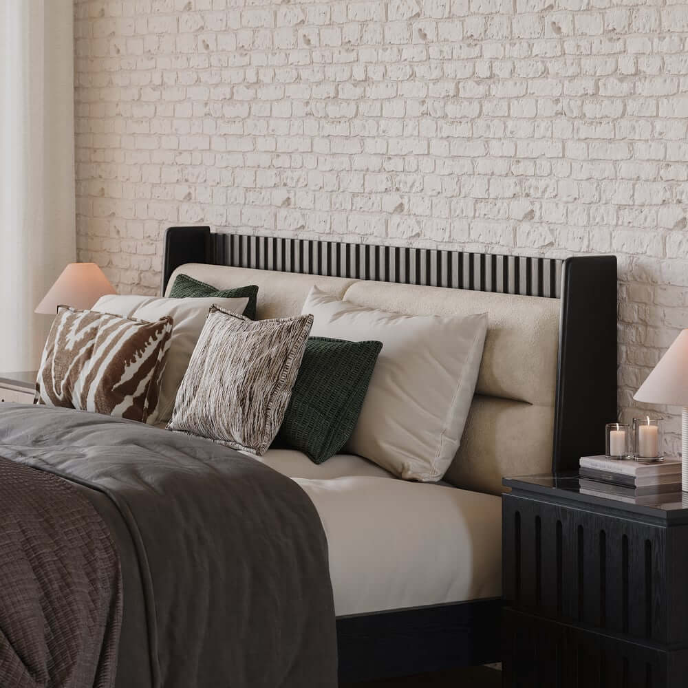 Modern Platform Bed With Boucle Headboard, Walnut Finish