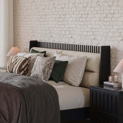 Modern Platform Bed With Boucle Headboard, Walnut Finish